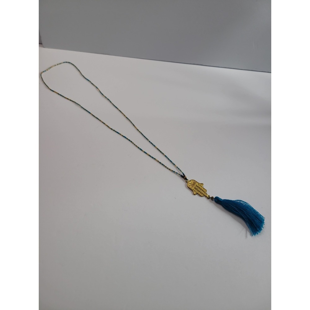 Gold Tone Hamsa Hand Blue Tassel Necklace Beaded Boho Evil Eye Protection - Picture 7 of 8